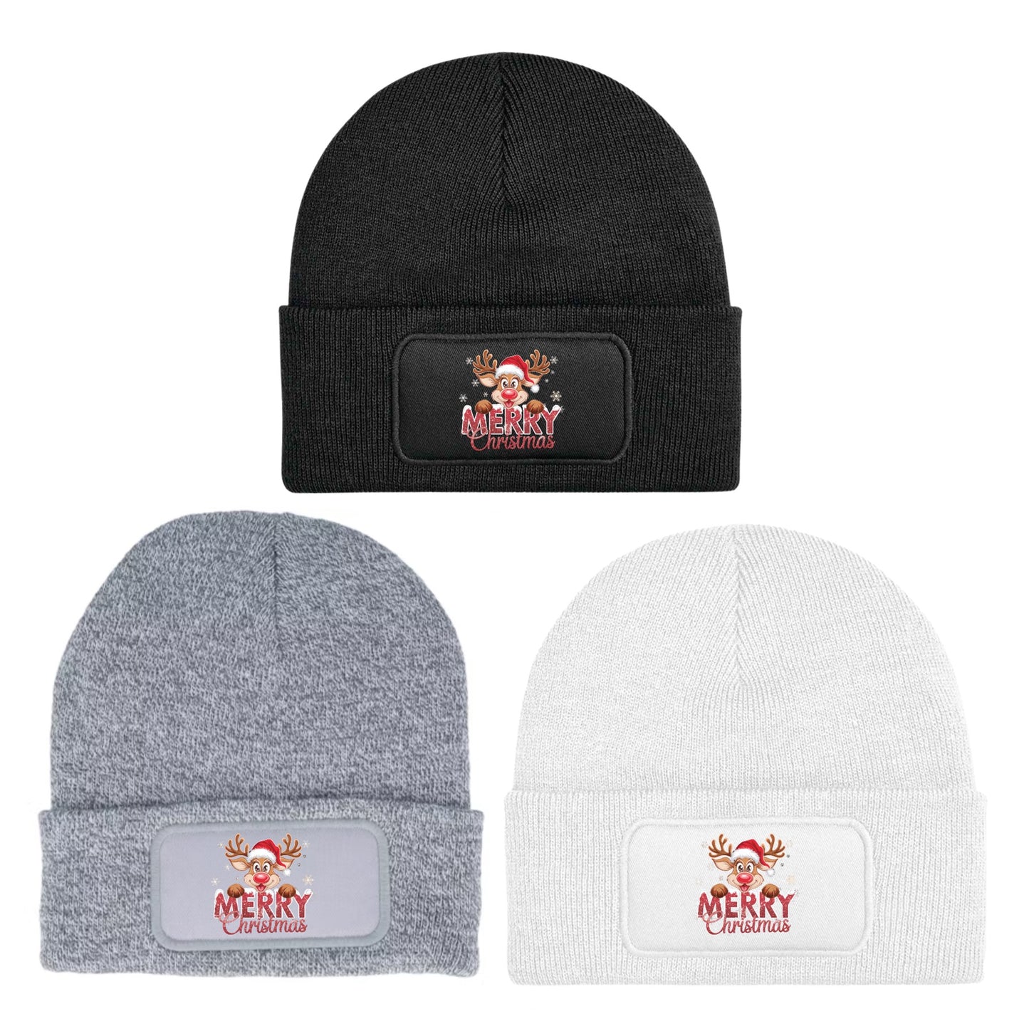 Reindeer "Merry Christmas" Beanie Knitted Winter Hat Unisex Seasonal Festive