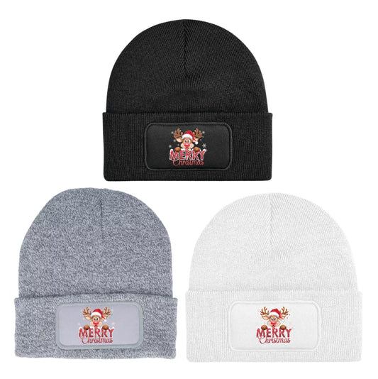 Reindeer "Merry Christmas" Beanie Knitted Winter Hat Unisex Seasonal Festive