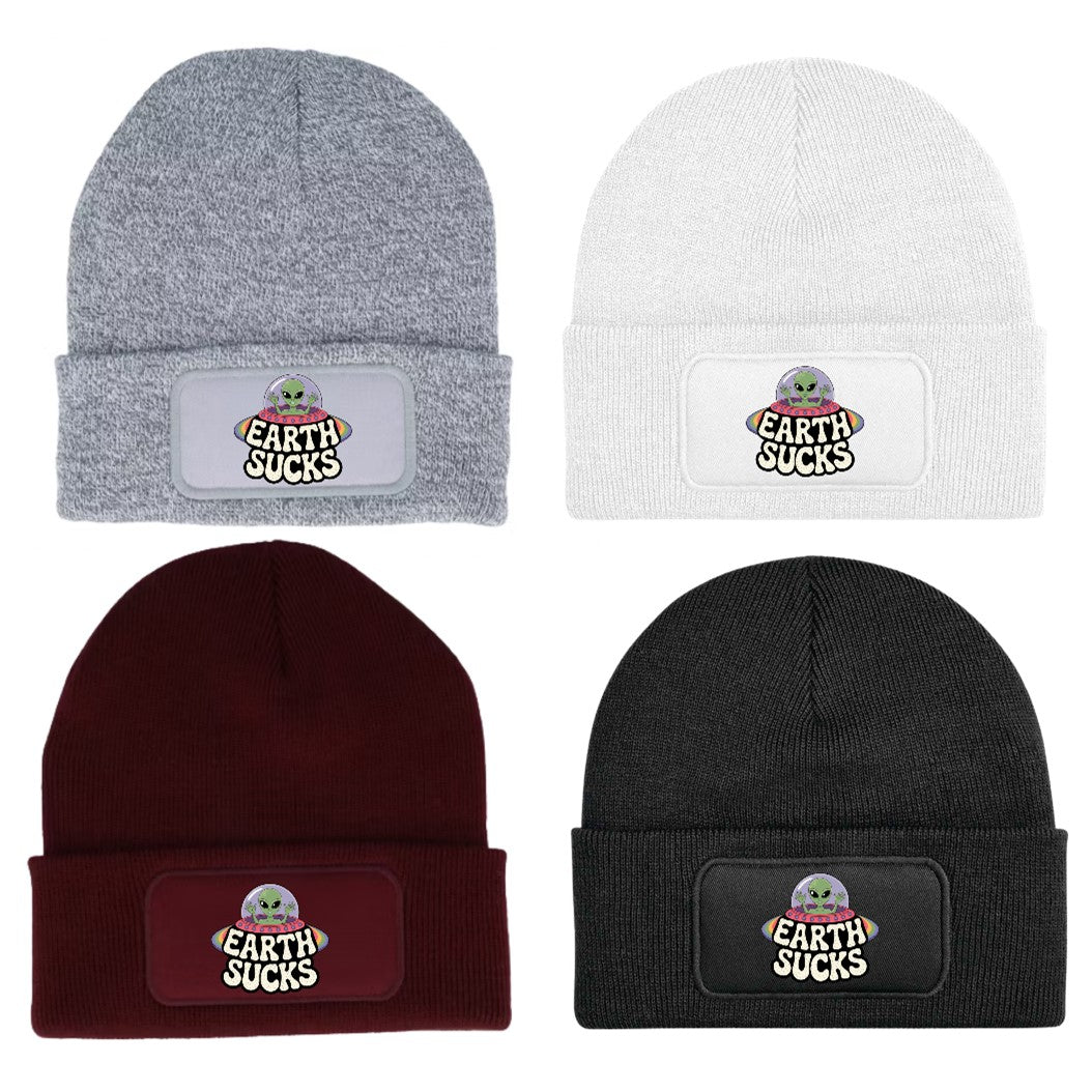 "Earth Sucks" UFO Aliens Funny Beanie Knitted Winter Hat Unisex