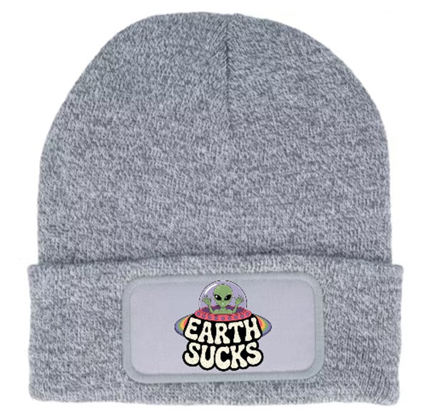 "Earth Sucks" UFO Aliens Funny Beanie Knitted Winter Hat Unisex