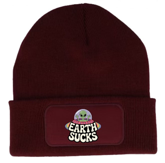 "Earth Sucks" UFO Aliens Funny Beanie Knitted Winter Hat Unisex