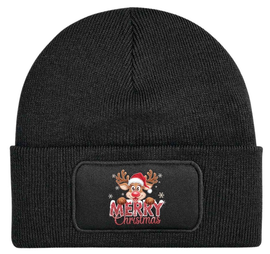 Reindeer "Merry Christmas" Beanie Knitted Winter Hat Unisex Seasonal Festive