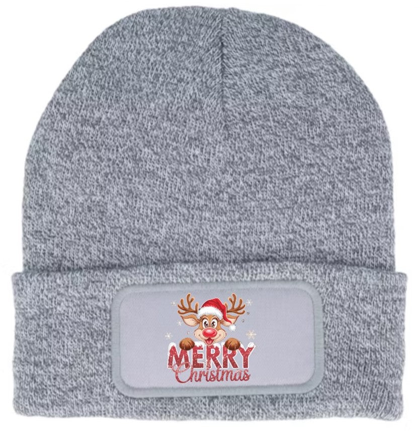 Reindeer "Merry Christmas" Beanie Knitted Winter Hat Unisex Seasonal Festive