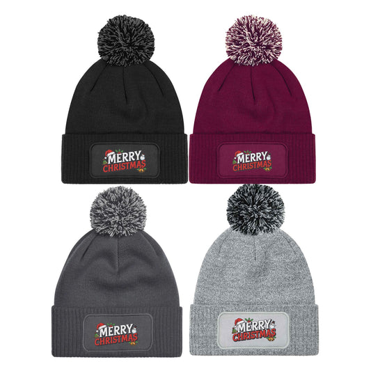 Merry Christmas Beanie Knitted Winter Bobble Hat Unisex Festive Seasonal