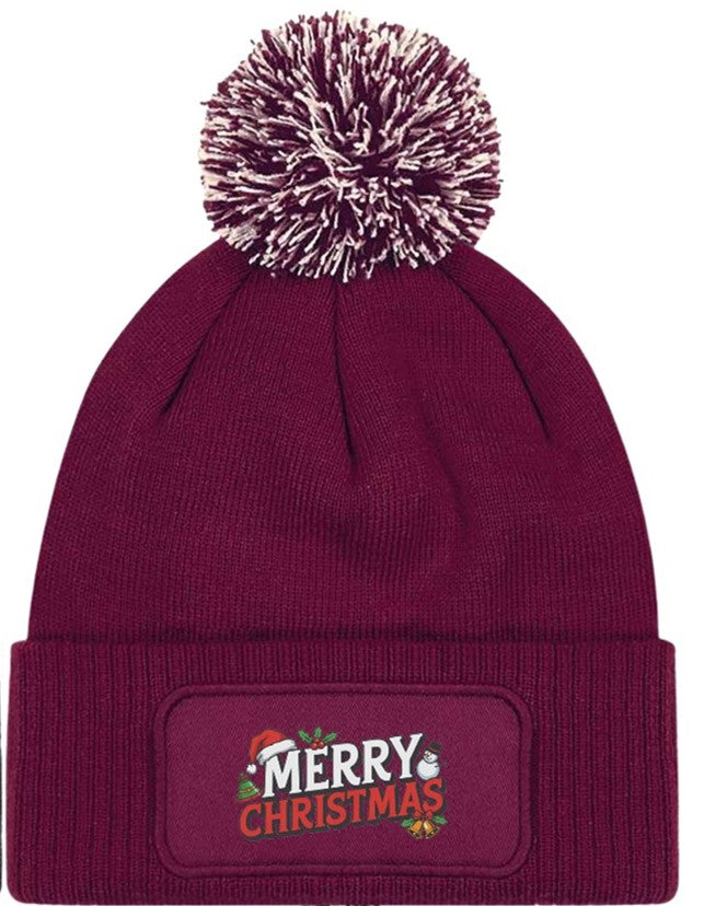 Merry Christmas Beanie Knitted Winter Bobble Hat Unisex Festive Seasonal
