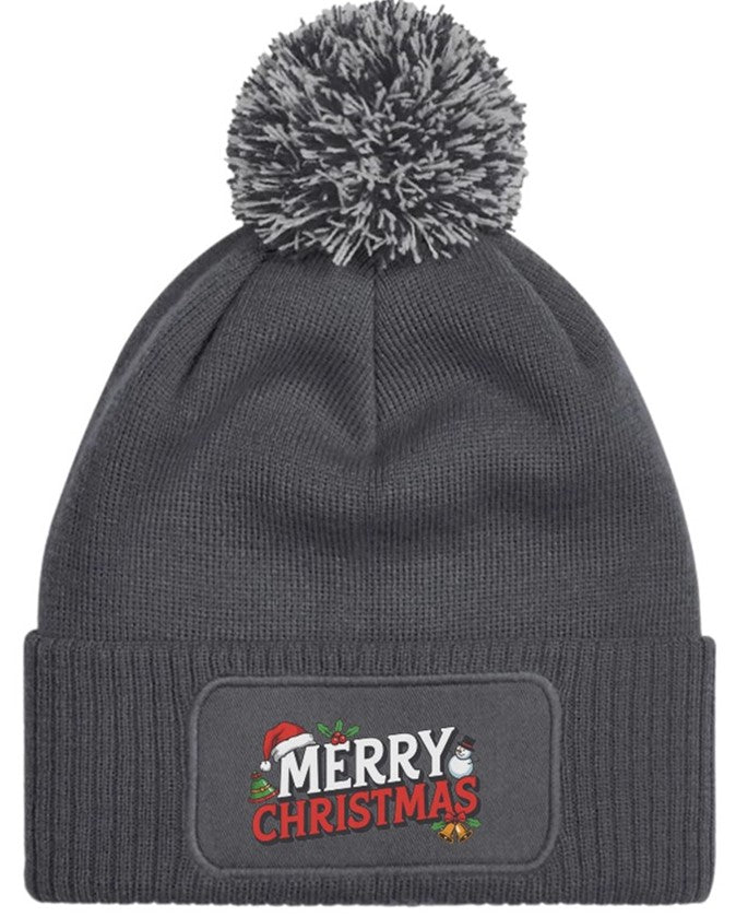 Merry Christmas Beanie Knitted Winter Bobble Hat Unisex Festive Seasonal