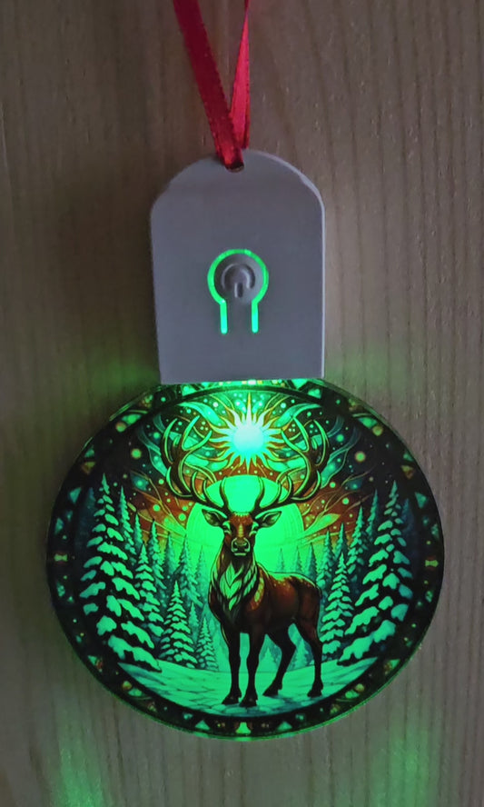 LED Light Up Acrylic Christmas Tree Bauble Hanging Reindeer Stag Snow Ornament